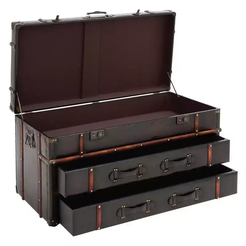 Table basse coffre marron en similicuir avec 2 tiroirs