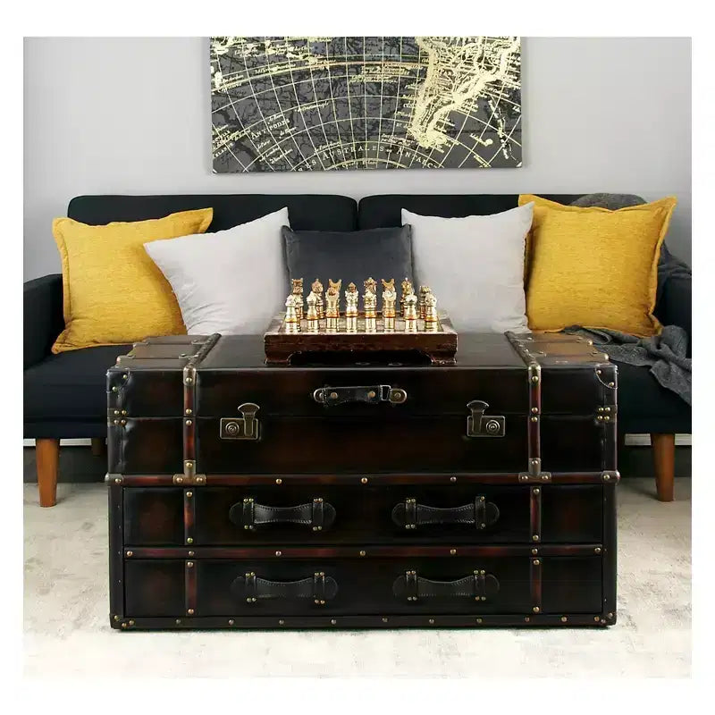 Table basse coffre marron en similicuir avec 2 tiroirs