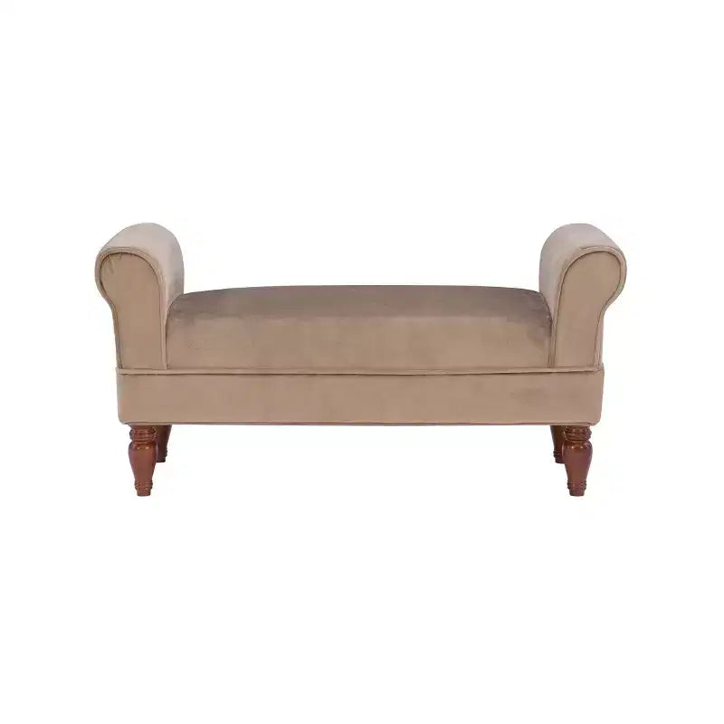Banc capitonné en velours avec accoudoirs roulés
