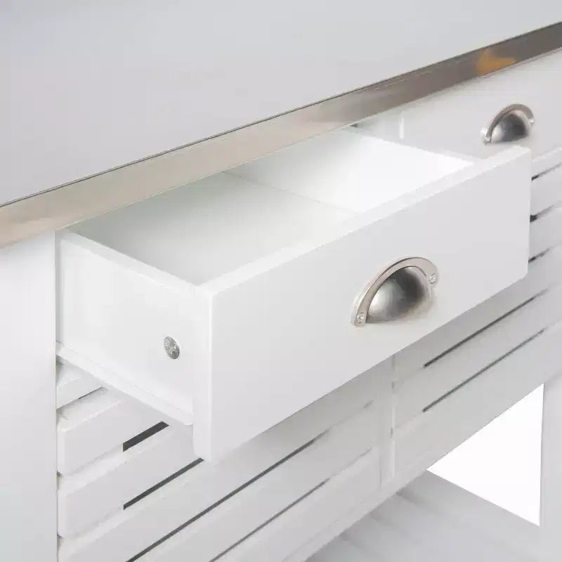 Desservante de cuisine en bois avec plateau en acier inoxydable, 2 tiroirs et étagère ouverte