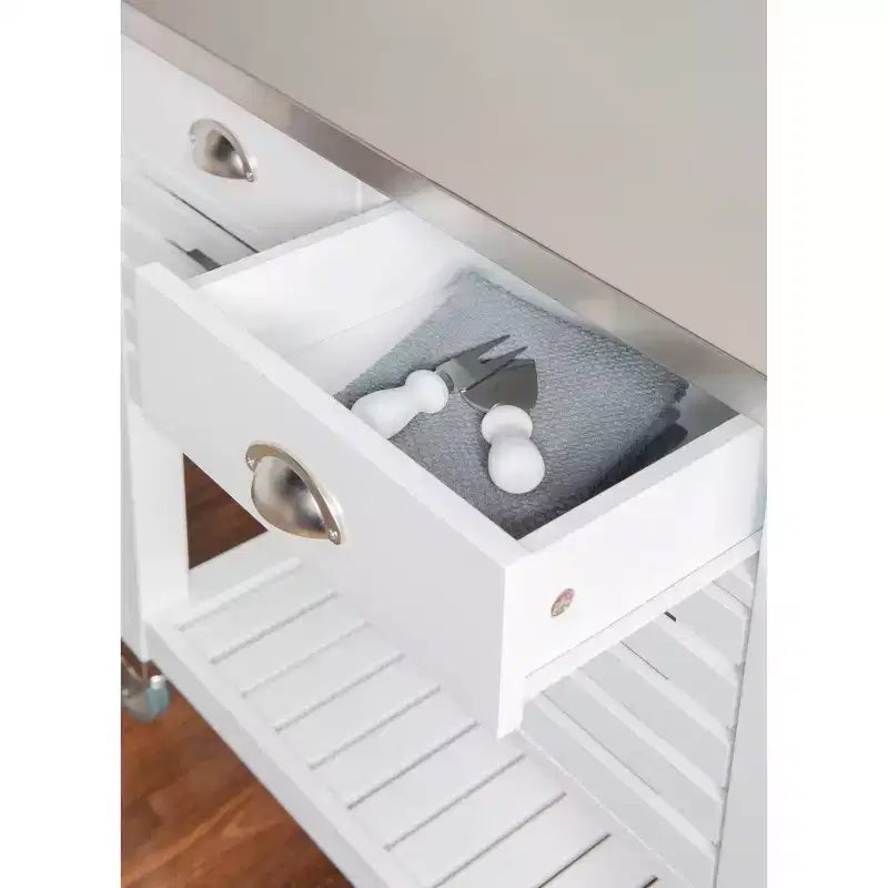 Desservante de cuisine en bois avec plateau en acier inoxydable, 2 tiroirs et étagère ouverte