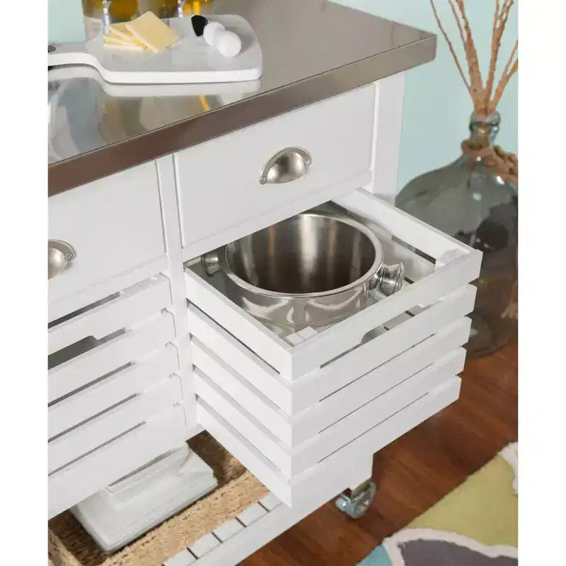 Desservante de cuisine en bois avec plateau en acier inoxydable, 2 tiroirs et étagère ouverte