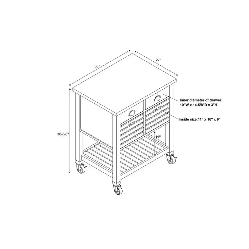Desservante de cuisine en bois avec plateau en acier inoxydable, 2 tiroirs et étagère ouverte