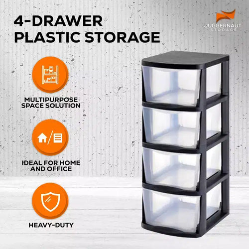 Tour de rangement en plastique transparent à 4 tiroirs avec cadre noir