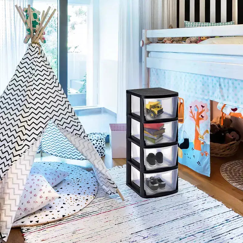 Tour de rangement en plastique transparent à 4 tiroirs avec cadre noir