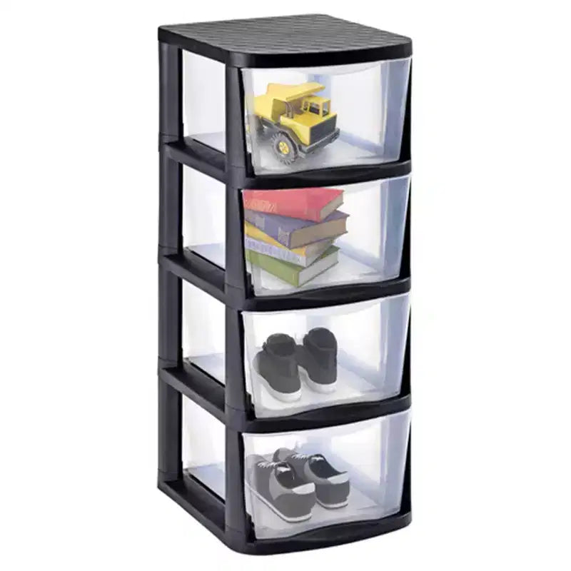 Tour de rangement en plastique transparent à 4 tiroirs avec cadre noir
