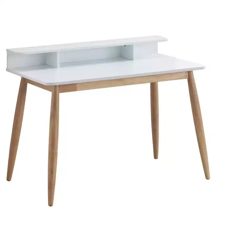 Bureau d'écriture blanc Mid-Century Modern avec huche et pieds coniques